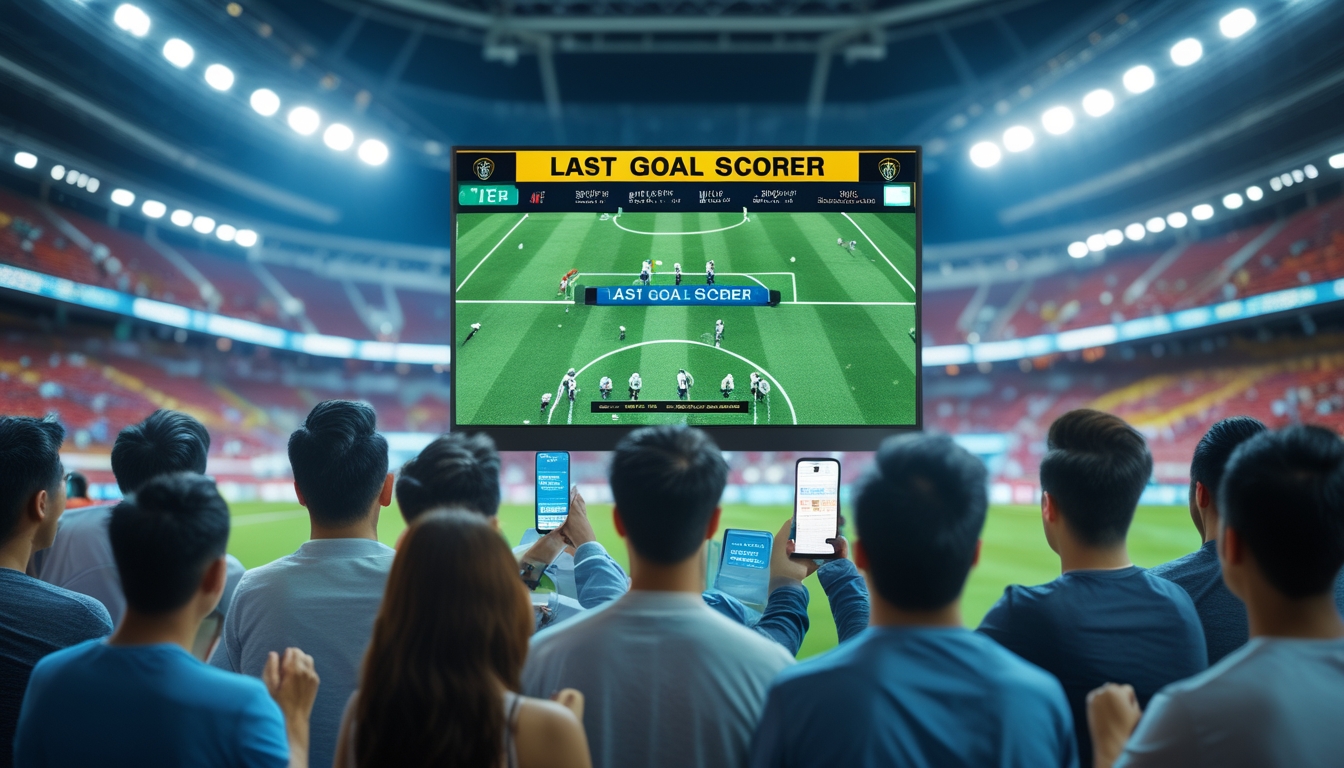 Sekelompok penggemar sepak bola sedang menonton layar besar dengan statistik pertandingan dan data pencetak gol terakhir dalam suasana stadion yang ramai.