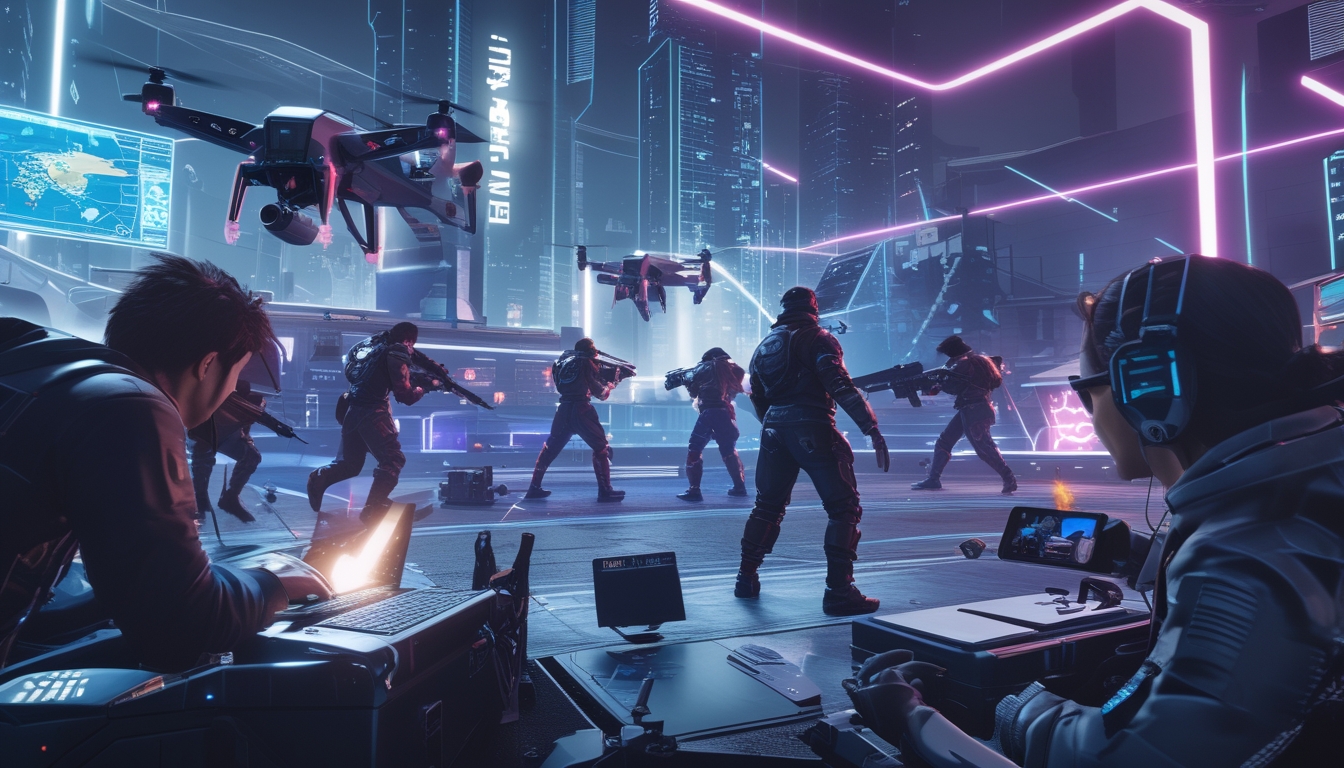 Pemandangan pemain game bertarung di medan perang futuristik dengan latar kota modern dan teknologi tinggi.