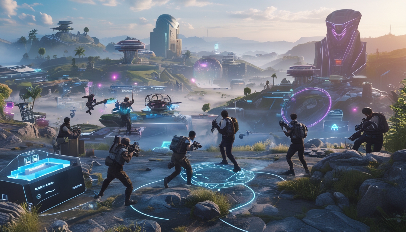 Beberapa pemain sedang bertarung dalam permainan battle royale multiplayer di dunia futuristik dengan berbagai perangkat game terlihat di latar belakang.