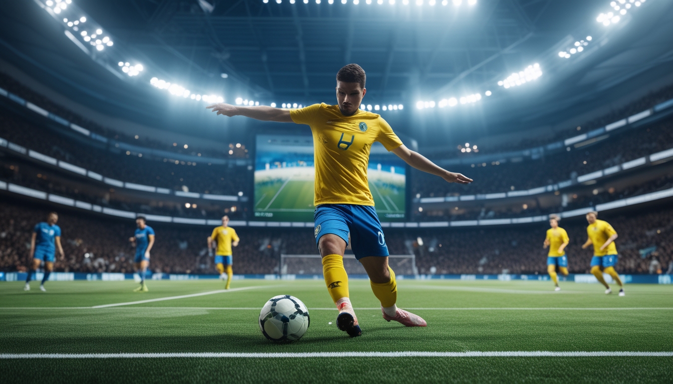 Pertandingan sepak bola yang intens di stadion besar dengan pemain yang siap menendang bola menuju gawang.