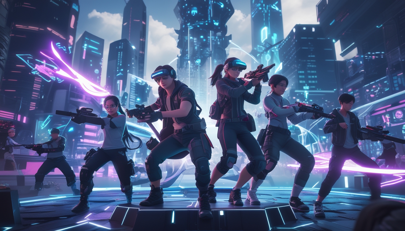 Sekelompok gamer muda sedang bertarung dalam permainan battle royale di kota futuristik dengan gedung-gedung tinggi dan lampu neon.
