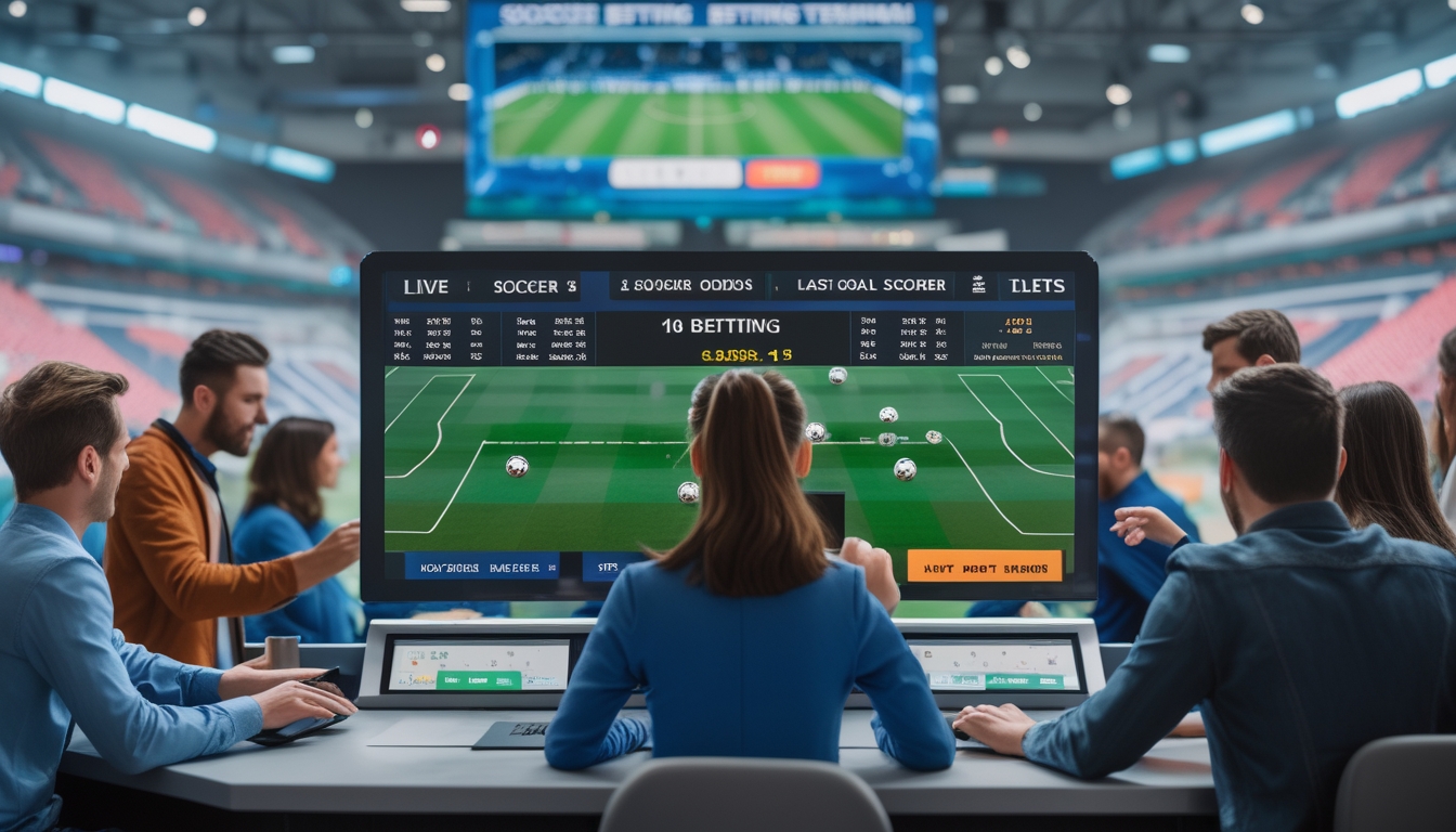Orang-orang sedang memasang taruhan sepak bola di terminal taruhan dengan layar yang menampilkan statistik pertandingan dan suasana stadion sepak bola di latar belakang.