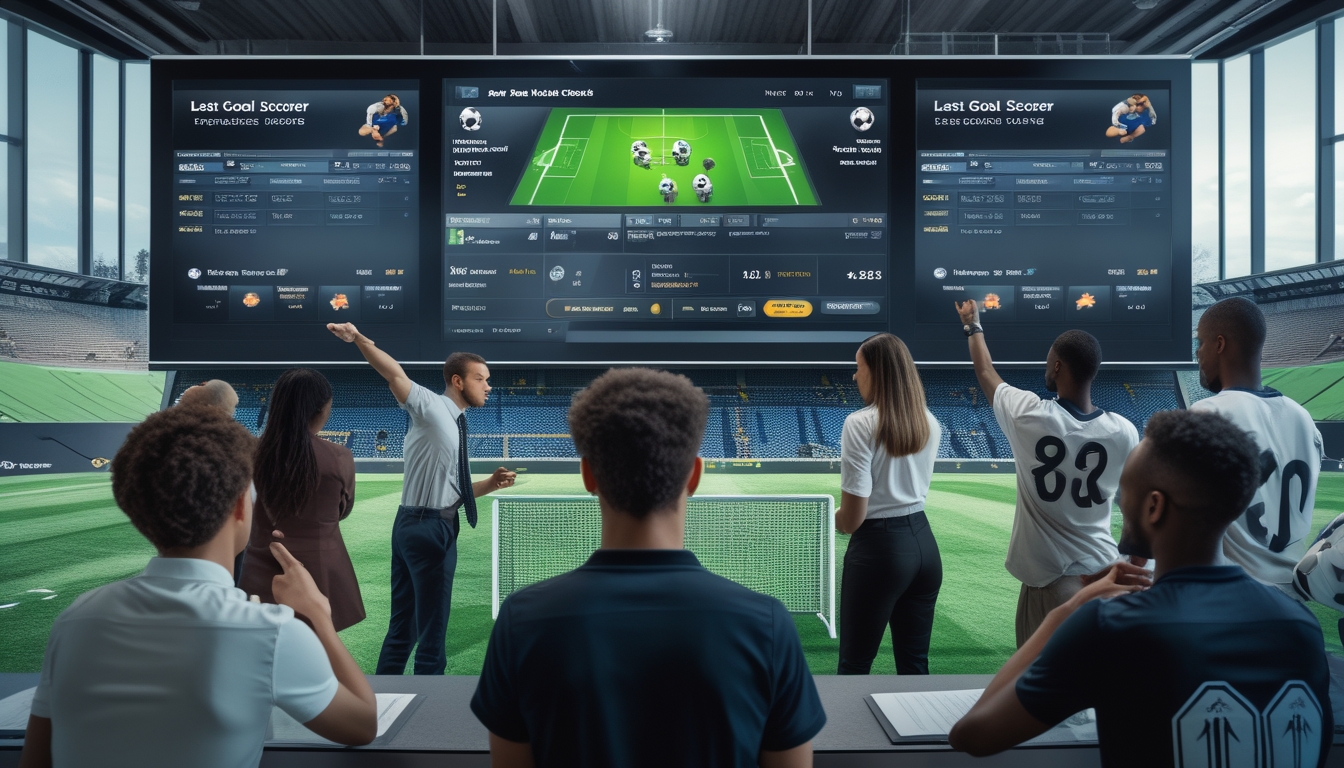 Beberapa orang sedang melihat layar digital besar yang menampilkan statistik dan data pencetak gol terakhir dalam pertandingan sepak bola.