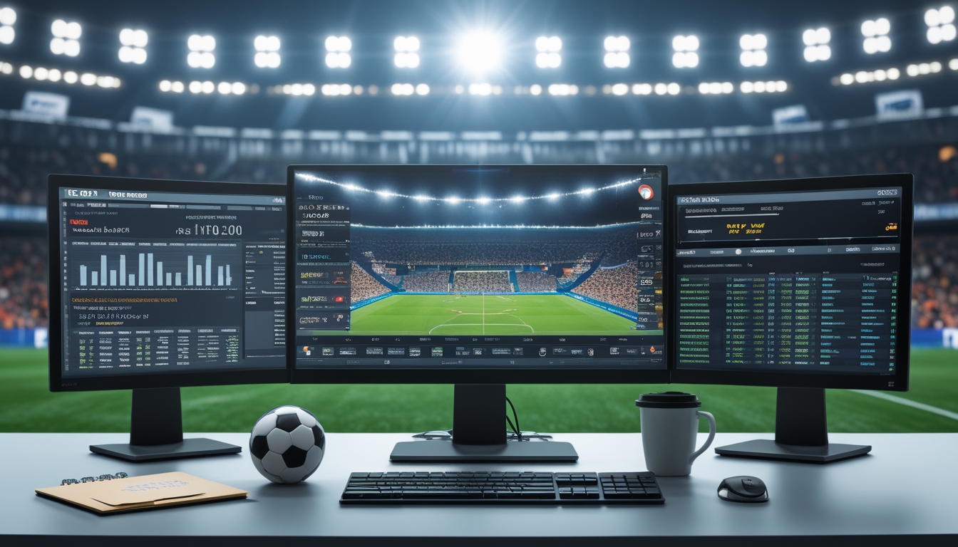 Meja kerja dengan komputer yang menampilkan data sepak bola dan bola di sampingnya, latar belakang stadion sepak bola dengan penonton.