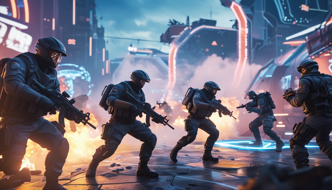 Adegan pertempuran intens dalam permainan battle royale futuristik dengan prajurit menggunakan senjata canggih di medan perang kota yang penuh aksi.