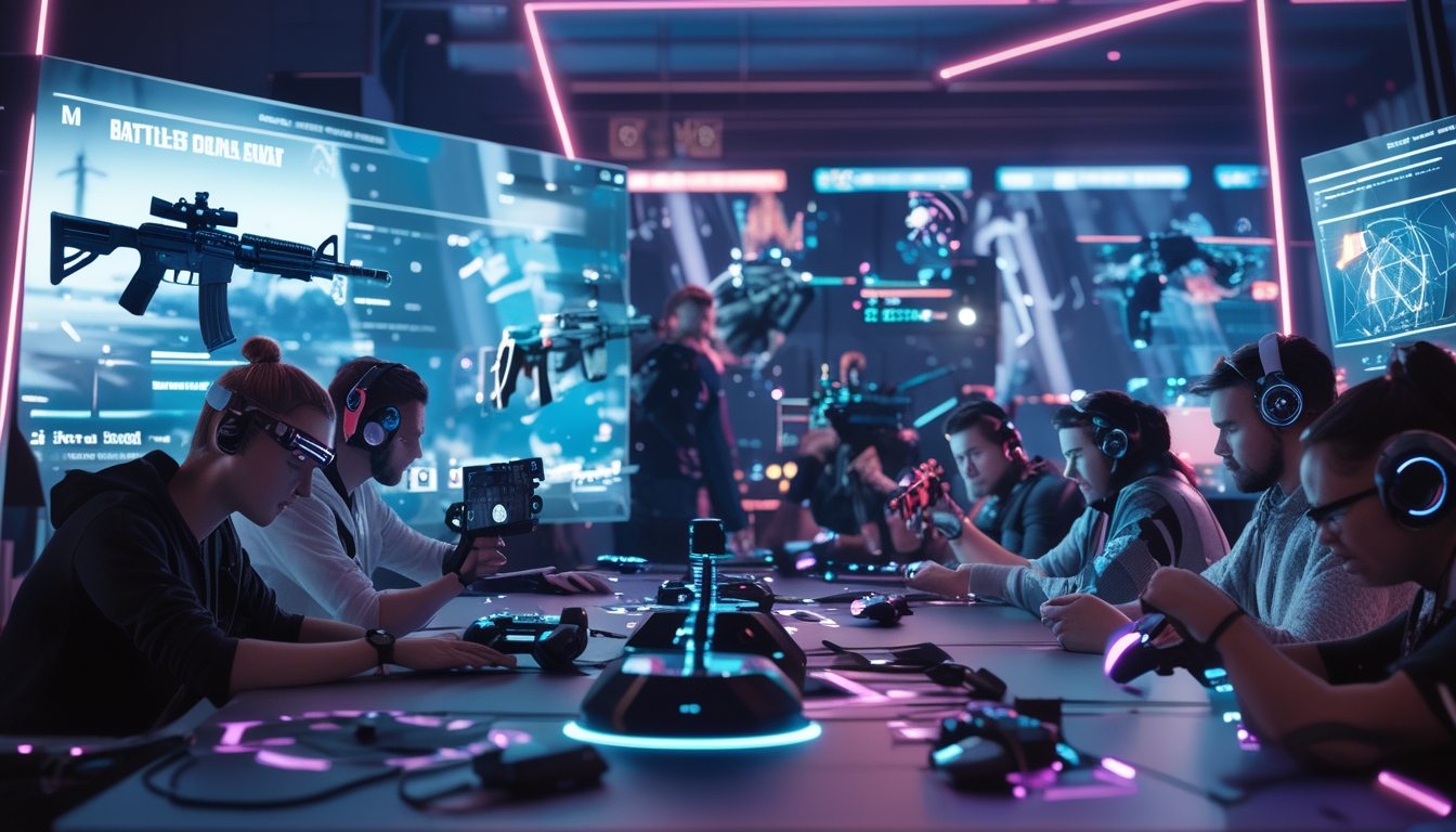 Sekelompok pemain game serius menggunakan perangkat canggih di ruangan futuristik dengan senjata dan peta permainan di layar digital.