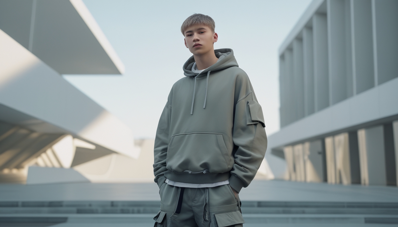 Seorang pria muda berdiri di latar kota modern mengenakan hoodie dan celana cargo.
