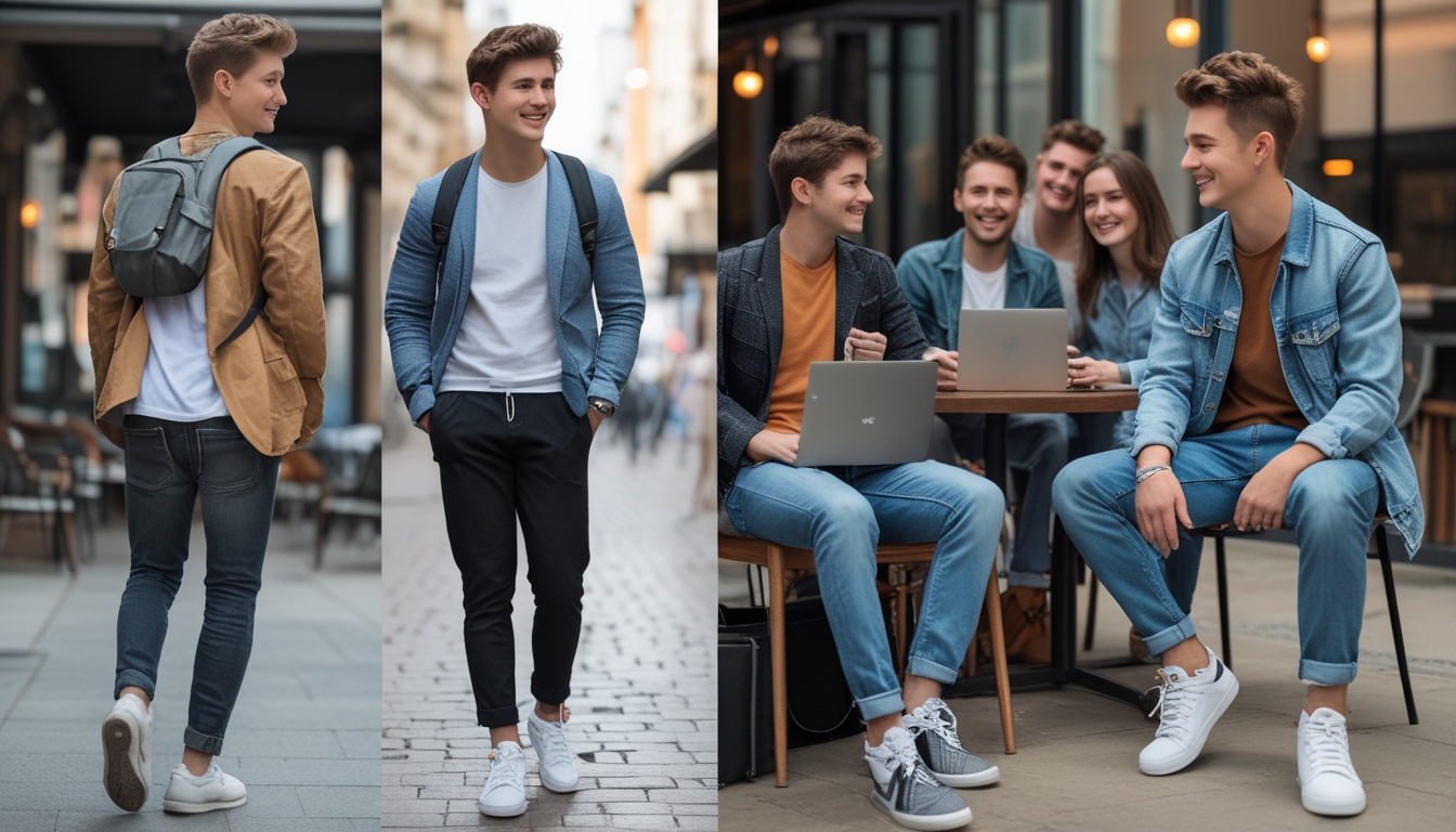Seorang pria muda mengenakan berbagai pakaian kasual dan semi-formal dalam beberapa situasi sehari-hari seperti berjalan di jalan kota, duduk di kafe dengan laptop, dan bersantai bersama teman di taman.