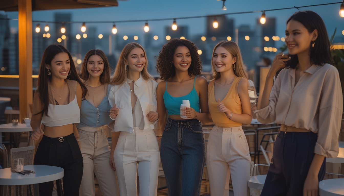 Sekelompok remaja pria dan wanita sedang berkumpul dan bersantai di sebuah kafe outdoor malam hari dengan pemandangan kota di latar belakang.