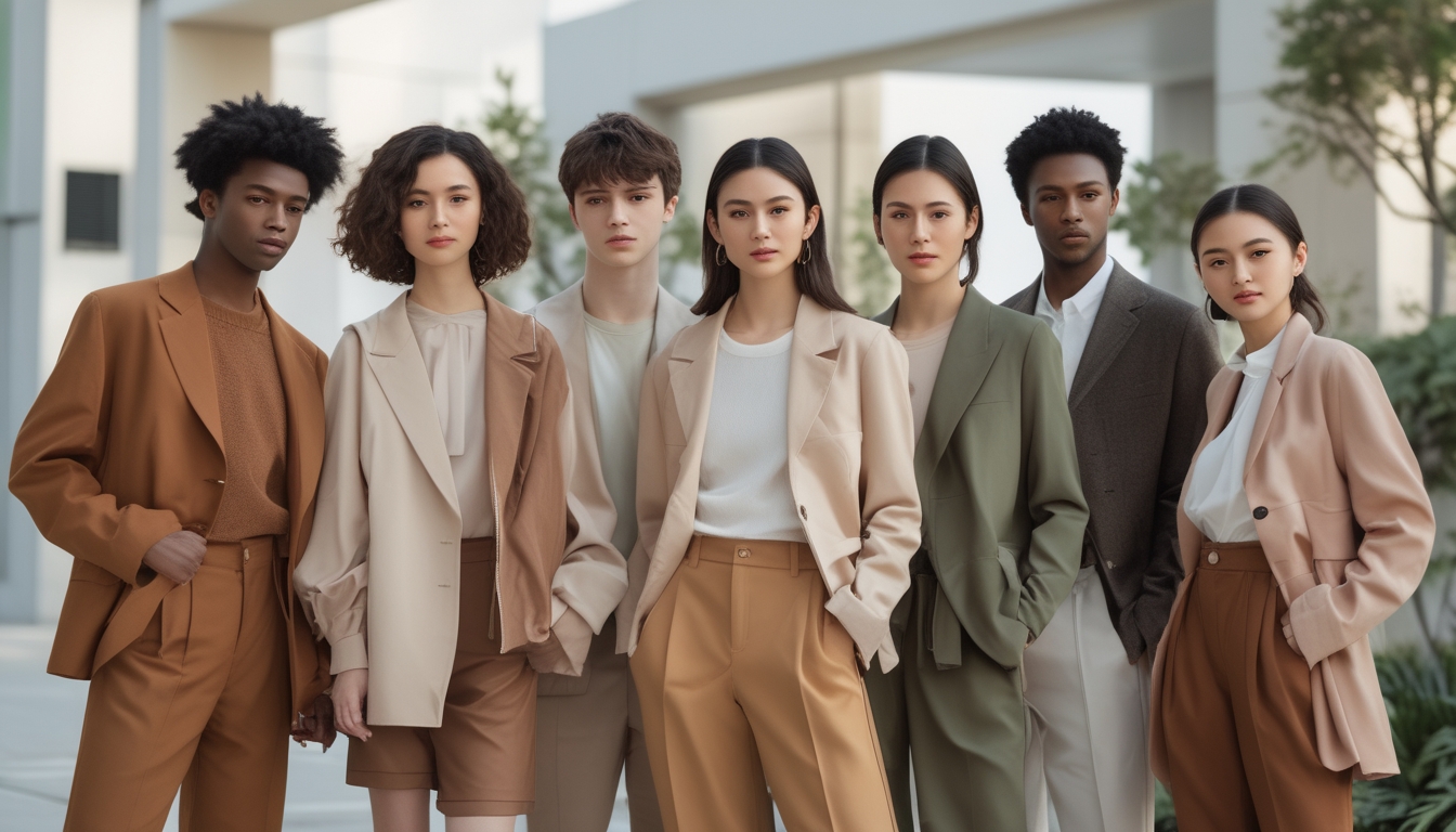 Sekelompok pria dan wanita muda mengenakan pakaian warna earth tone sedang berpose di luar ruangan dengan latar belakang kota dan tanaman hijau.