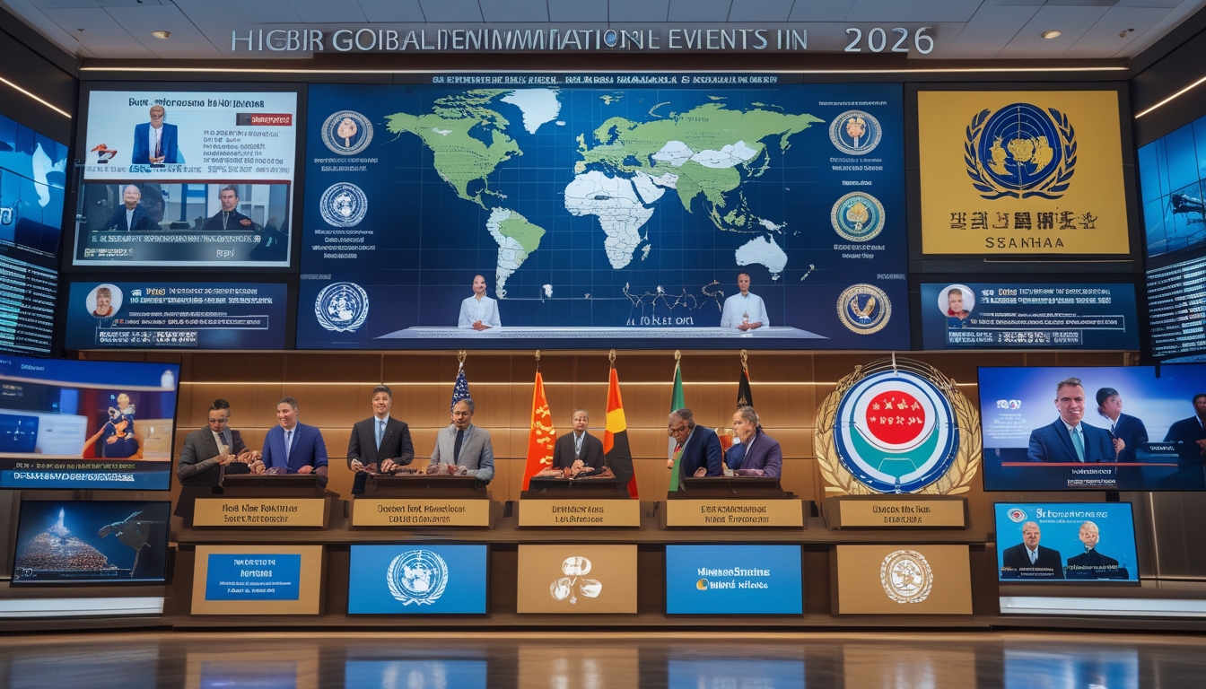 Kolase gambar yang menunjukkan pemimpin dunia berdiskusi, peta dunia dengan wilayah yang disorot, dan simbol perdamaian yang menggambarkan peristiwa besar yang mengubah politik internasional pada tahun 2026.