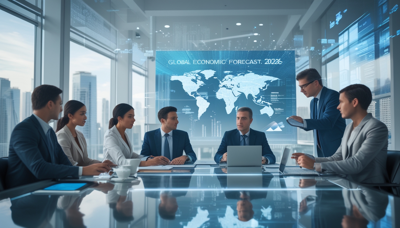 Sekelompok profesional bisnis sedang menganalisis data ekonomi global di ruang konferensi modern dengan pemandangan kota di latar belakang.
