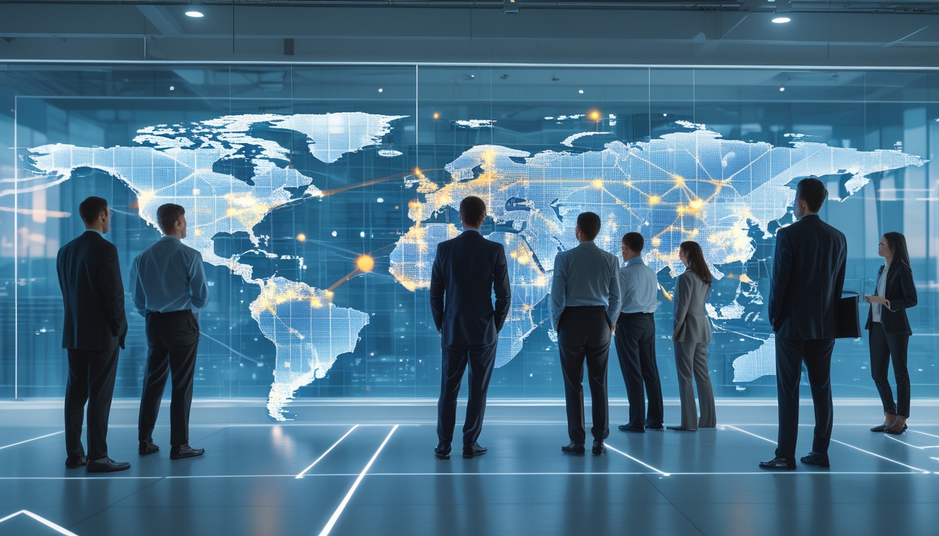 Sekelompok profesional bisnis internasional sedang menganalisis data ekonomi global dengan peta dunia digital dan grafik di layar holografik dalam kantor modern.