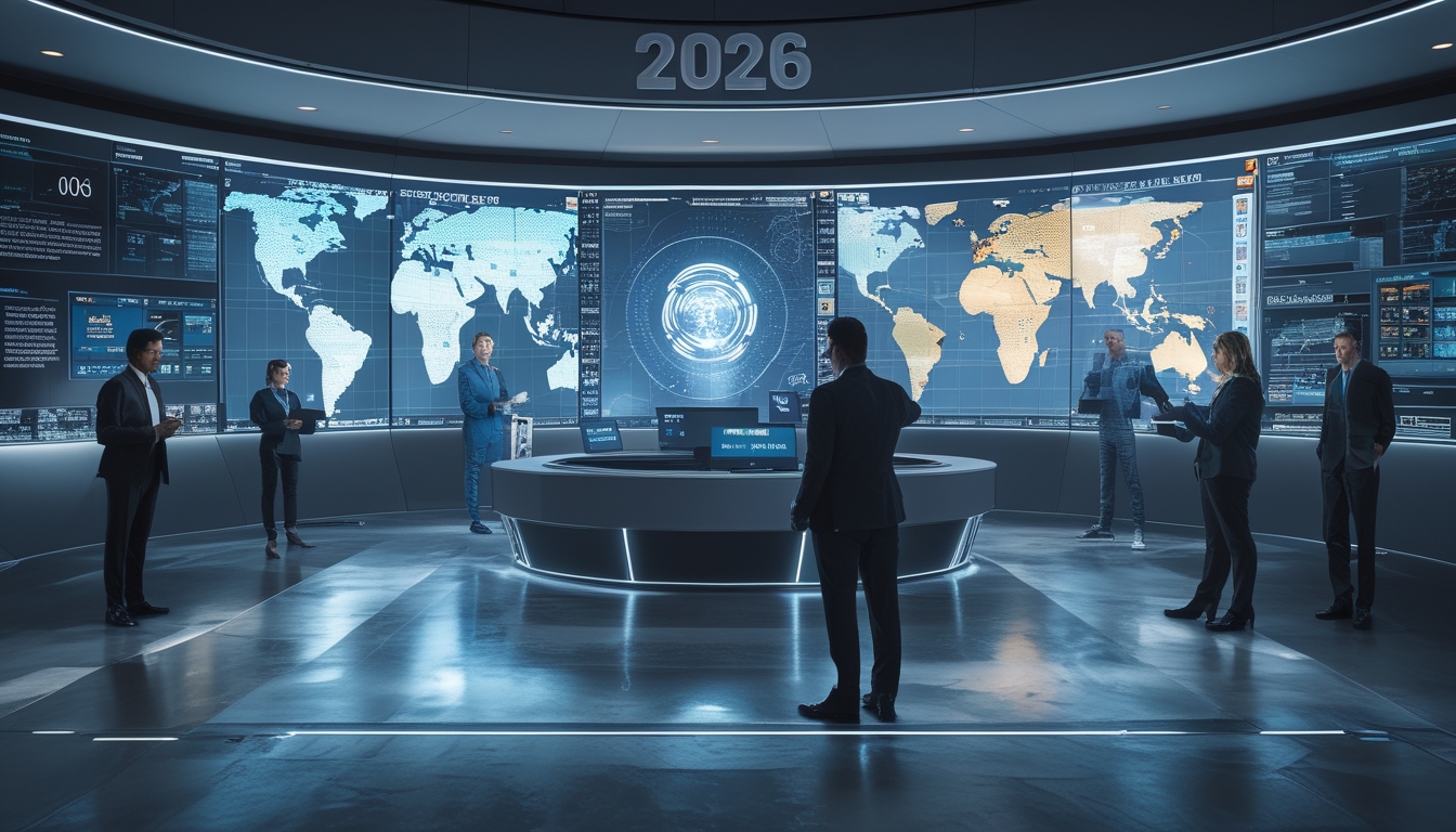 Suasana newsroom modern dengan jurnalis yang bekerja di depan layar digital dan peta dunia, menggambarkan peliputan berita internasional tahun 2026.
