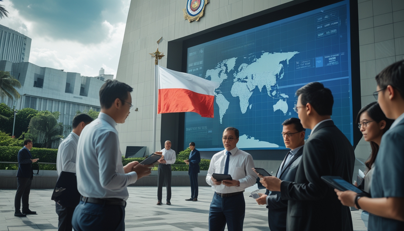 Sekelompok analis politik dan jurnalis berdiskusi di depan gedung pemerintahan Indonesia dengan bendera merah putih berkibar, menampilkan suasana perubahan politik nasional.