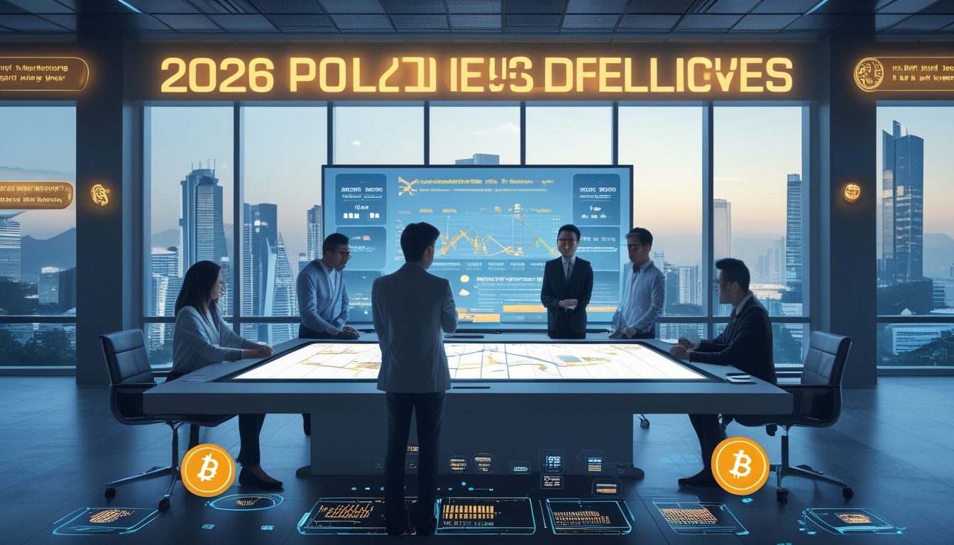 Sekelompok profesional Indonesia berdiskusi di kantor modern dengan layar sentuh digital yang menampilkan grafik dan peta Indonesia, latar belakang menunjukkan pemandangan kota dengan gedung pencakar langit dan papan iklan digital.
