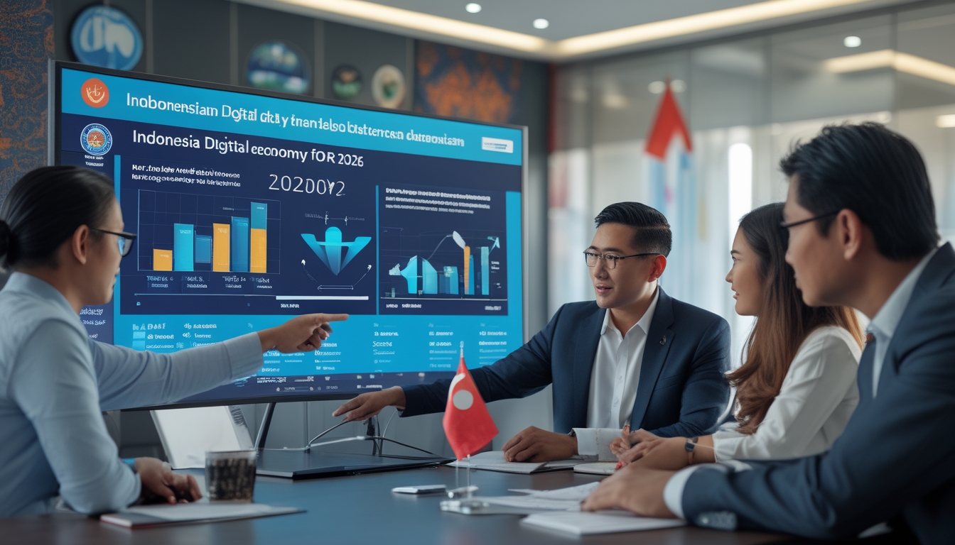 Sekelompok profesional Indonesia sedang berdiskusi di ruang kantor modern dengan layar digital menampilkan grafik dan data ekonomi digital.