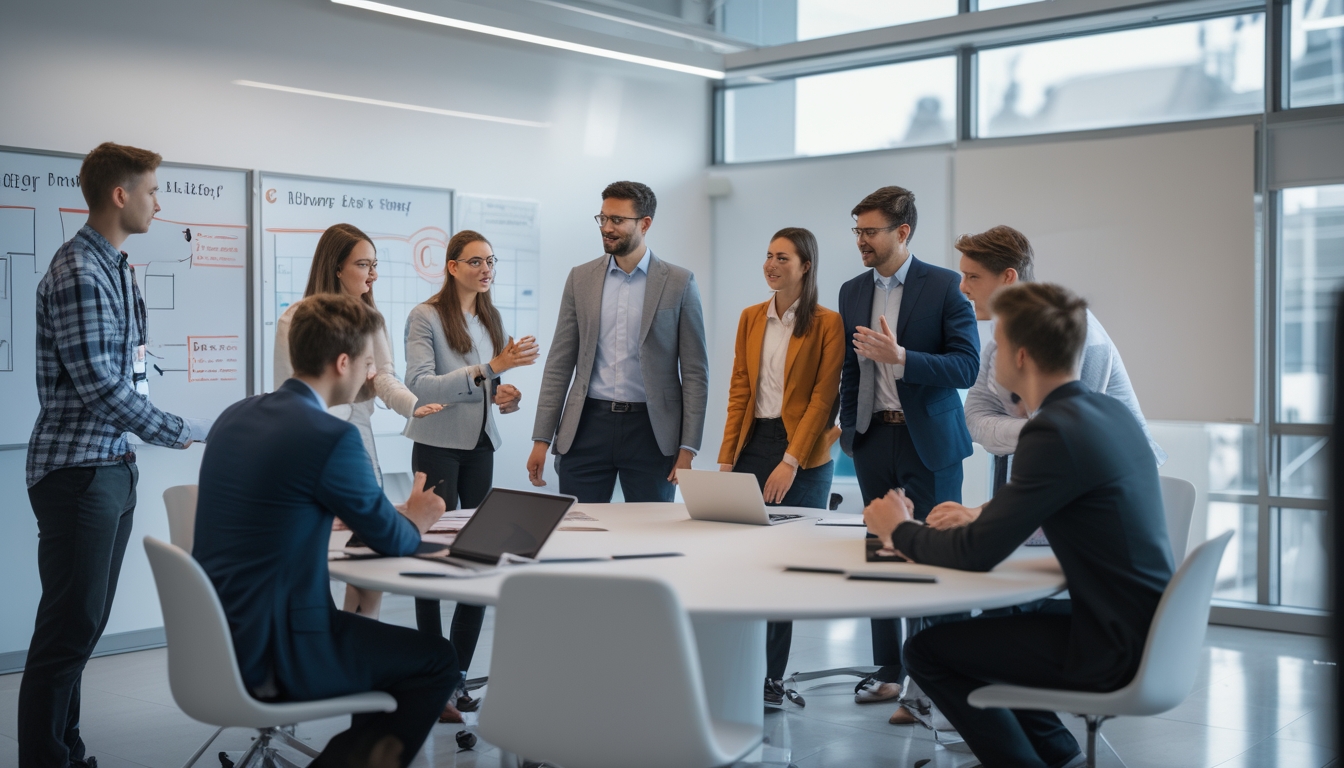 Sekelompok orang muda sedang berdiskusi serius di ruang kantor modern dengan alat kerja dan papan strategi di sekitar mereka.