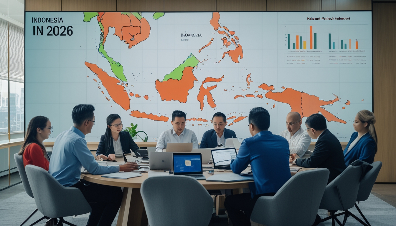 Sekelompok jurnalis dan analis politik sedang berdiskusi di ruang konferensi dengan layar digital yang menampilkan peta Indonesia dan grafik terkait perkembangan isu politik nasional tahun 2026.