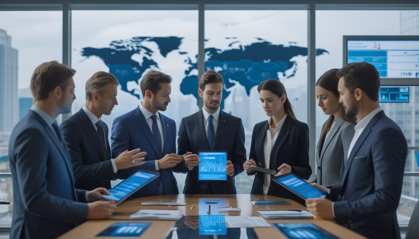 Sekelompok orang sedang berdiskusi serius di ruang konferensi modern dengan pemandangan kota di luar jendela.