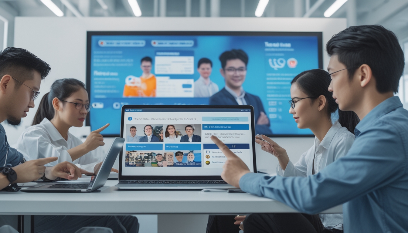 Sejumlah profesional muda sedang bekerja dengan perangkat digital dan layar besar yang menampilkan data kampanye politik digital di media sosial Indonesia tahun 2026.