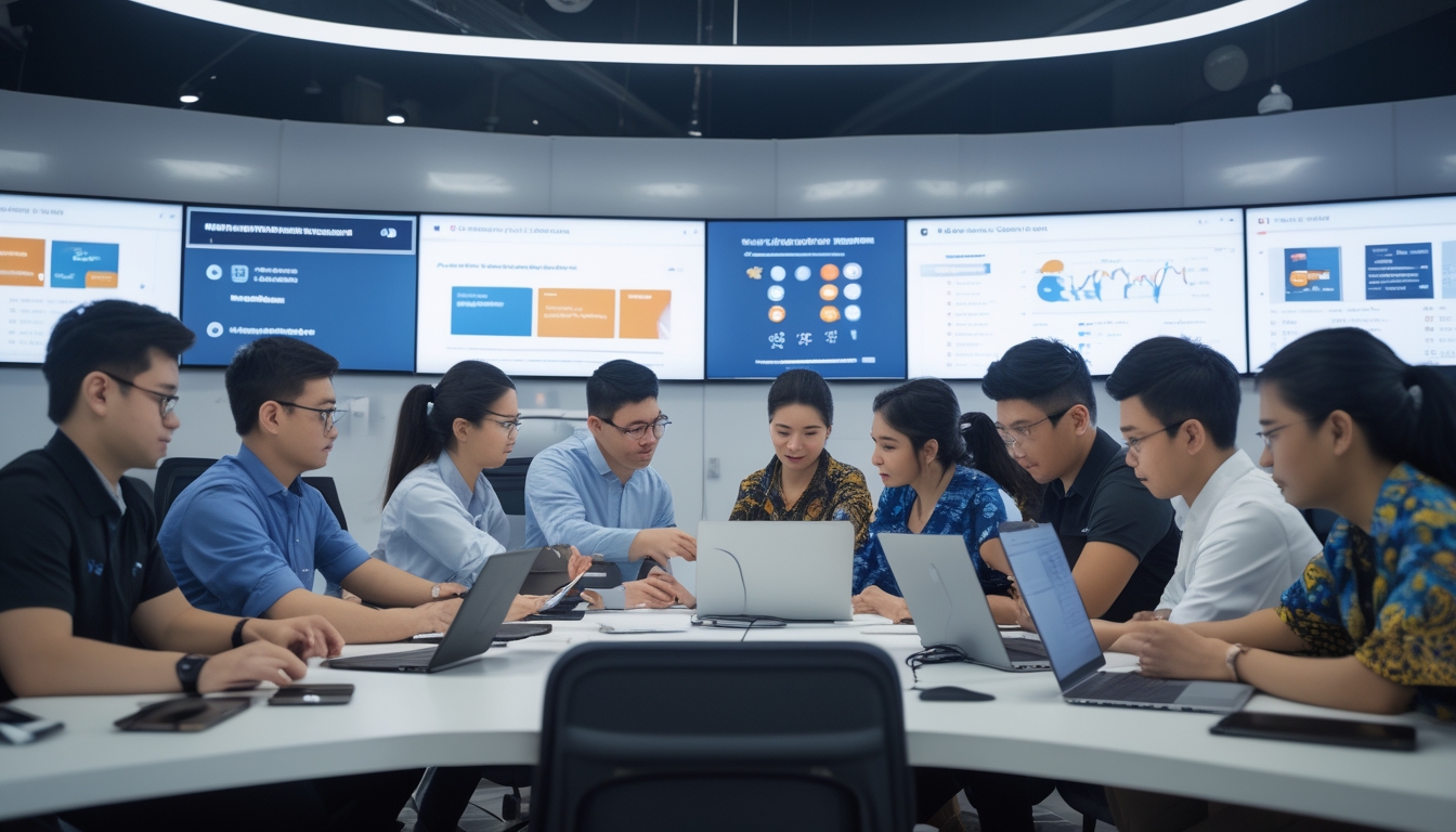 Sekelompok profesional muda Indonesia bekerja bersama di kantor modern menggunakan perangkat digital untuk merencanakan kampanye politik di media sosial.