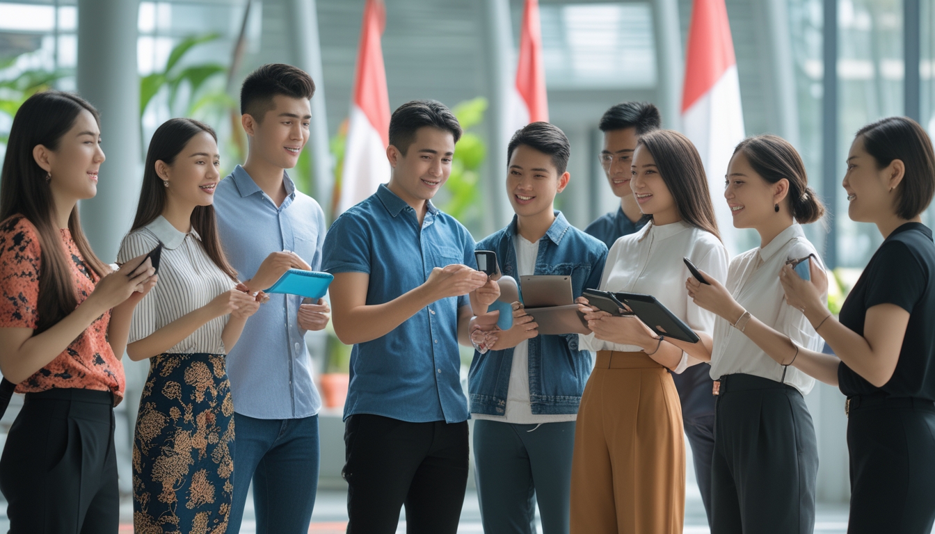 Sekelompok pemuda Indonesia sedang berdiskusi dan menggunakan perangkat digital dalam suasana kota modern dengan bendera Indonesia di latar belakang.