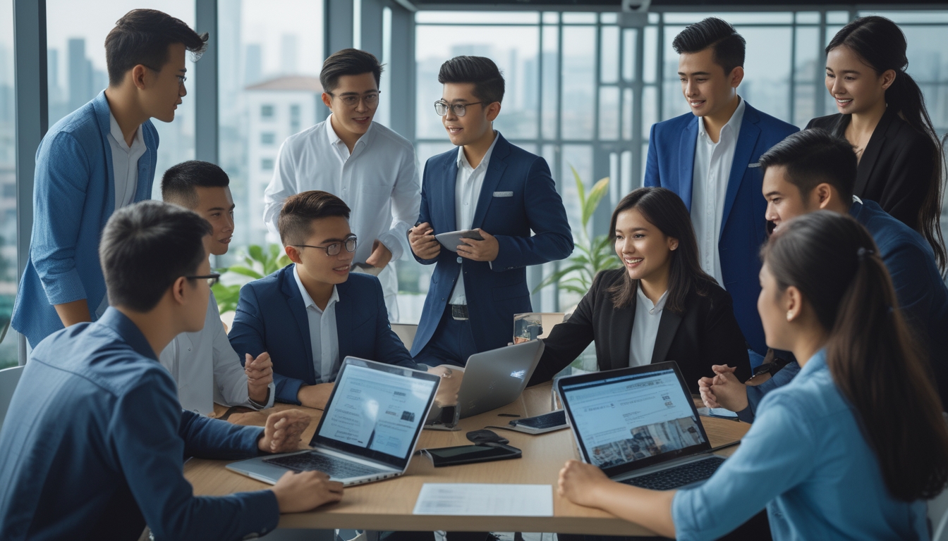 Sekelompok pemuda dan pemudi Indonesia sedang berdiskusi serius di ruang kantor modern dengan pemandangan kota di luar jendela.