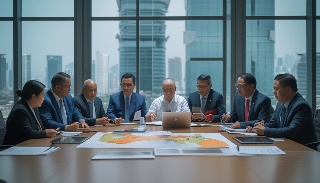 Sekelompok orang berdiskusi serius di ruang rapat modern dengan pemandangan kota Jakarta, membahas strategi politik Pilkada 2026.