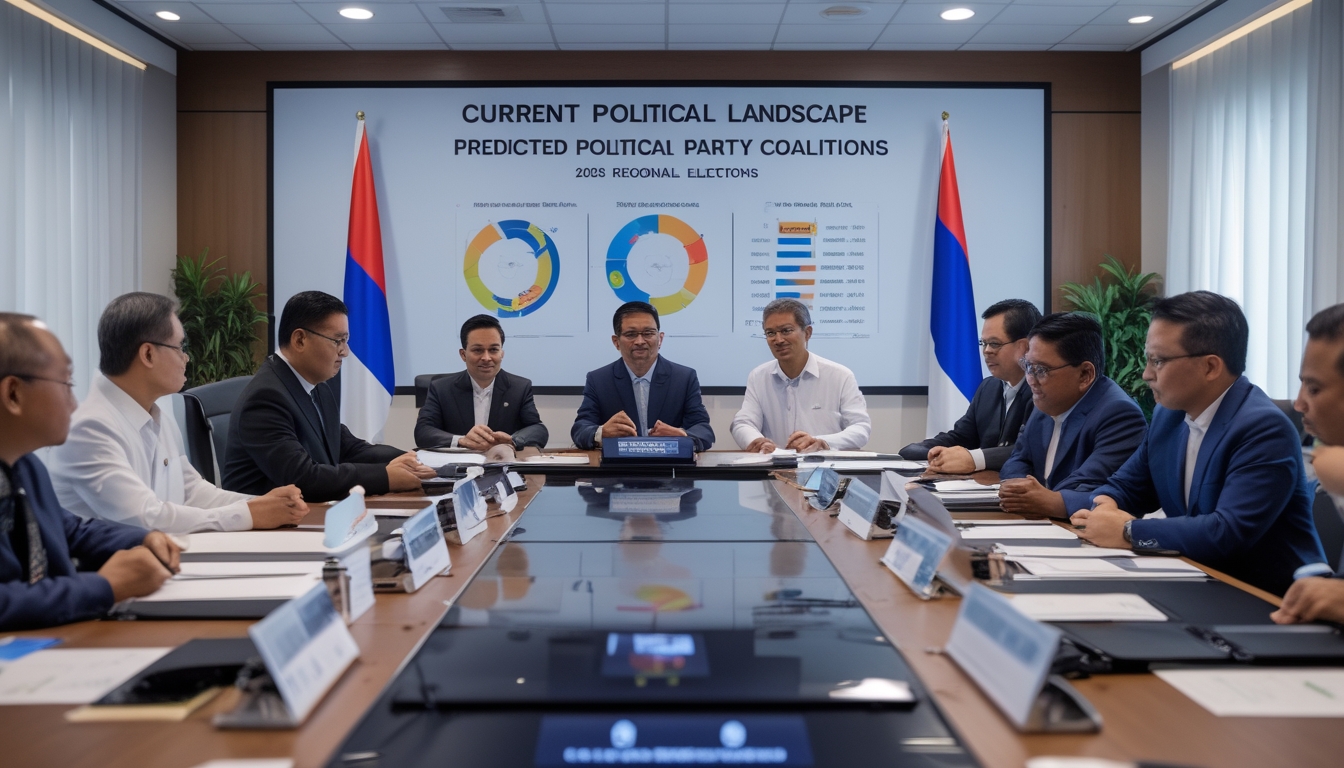 Sekelompok politisi Indonesia sedang berdiskusi serius di ruang konferensi dengan bendera Indonesia di latar belakang.