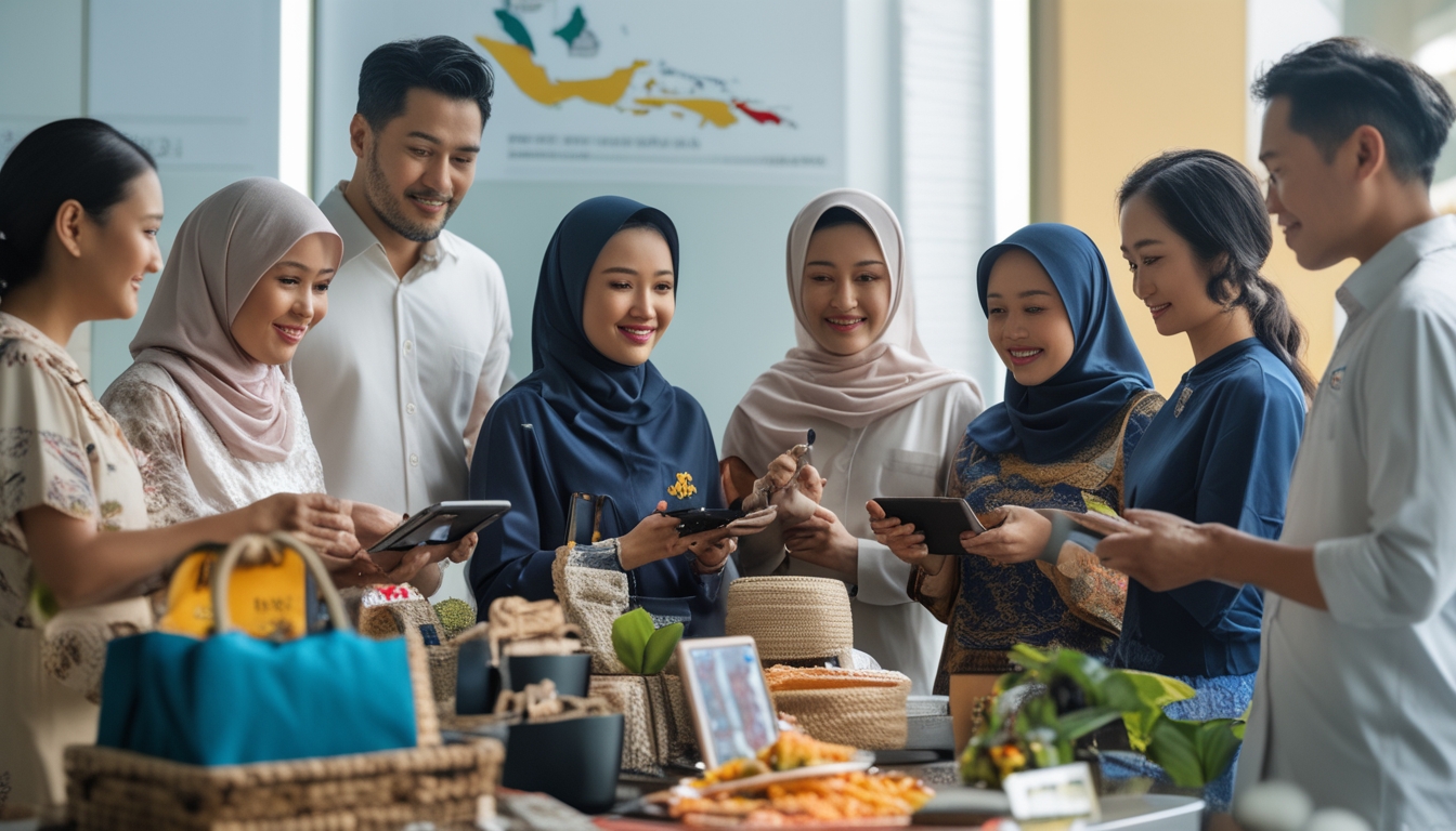Sekelompok pemilik usaha kecil Indonesia berdiskusi dan bekerja bersama di lingkungan perkotaan yang modern.