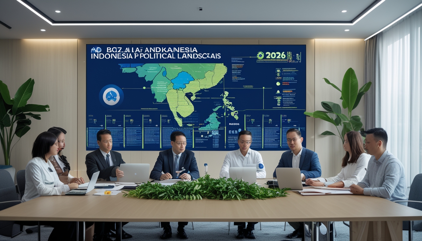 Sekelompok orang Indonesia sedang berdiskusi serius di ruang konferensi modern dengan peta Indonesia dan grafik di layar besar di belakang mereka.