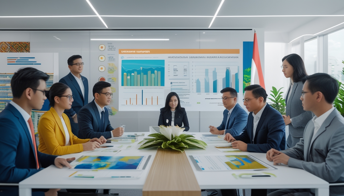 Sekelompok orang sedang berdiskusi serius di ruang konferensi modern dengan layar yang menampilkan grafik dan peta terkait politik Indonesia.