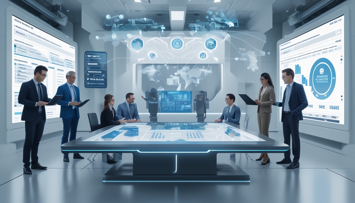Sekelompok orang bekerja bersama di ruang modern dengan layar digital besar yang menampilkan data dan grafik kampanye politik yang dioptimalkan oleh teknologi AI.