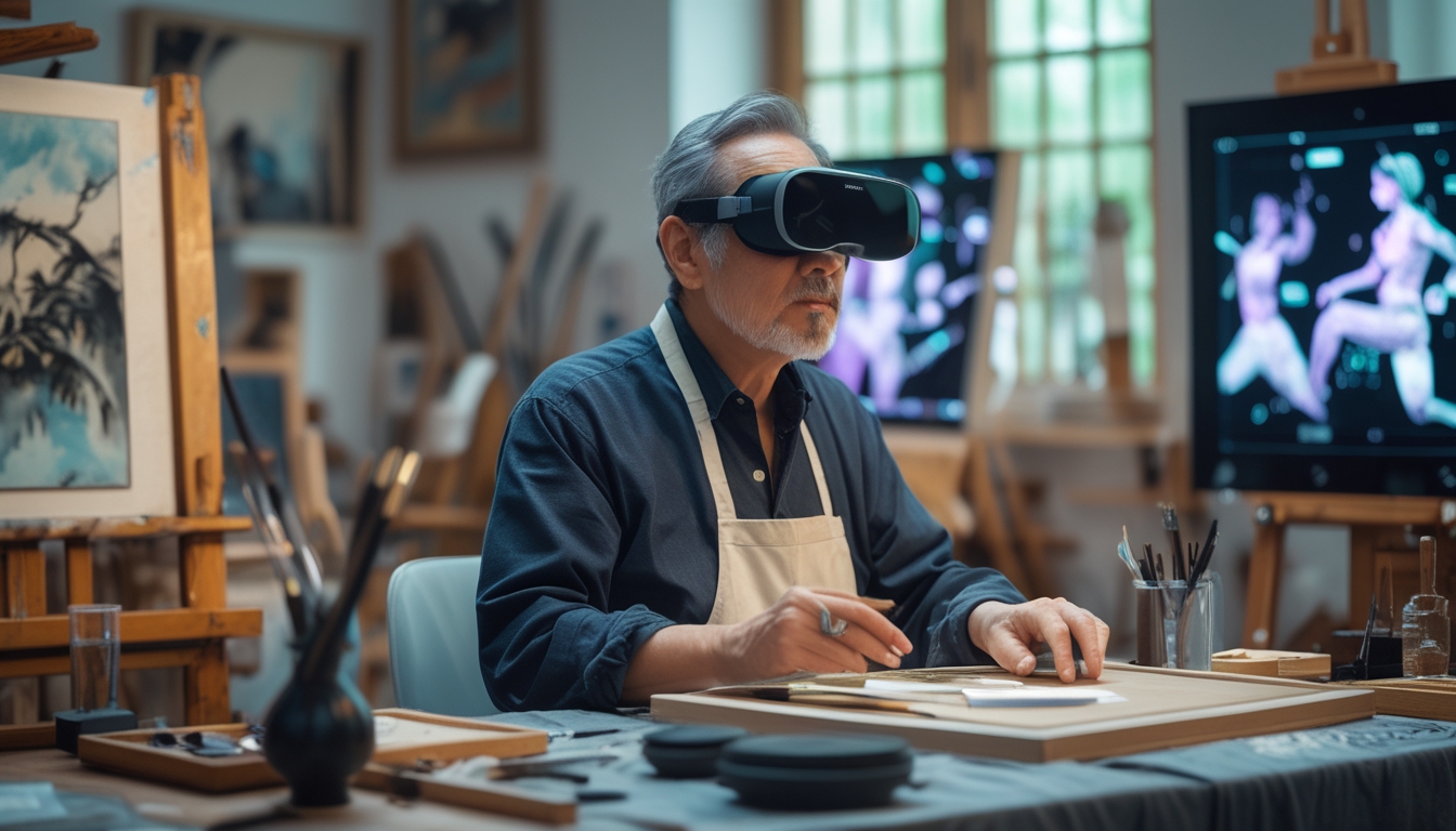 Seorang seniman tradisional di studio, menggunakan alat seni klasik dan teknologi modern seperti layar holografik, menunjukkan perpaduan antara seni tradisional dan performa virtual.