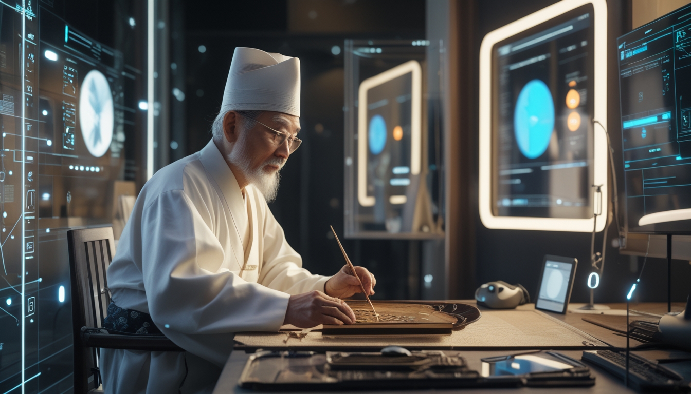 Seorang seniman tradisional sedang melukis di studio yang dipadukan dengan elemen teknologi digital futuristik di sekitarnya.