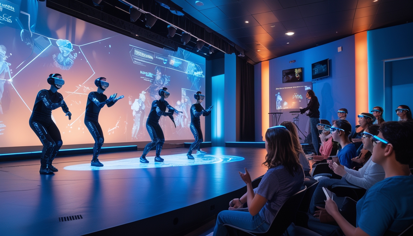 Suasana teater interaktif dengan aktor menggunakan teknologi imersif dan penonton memakai kacamata augmented reality.