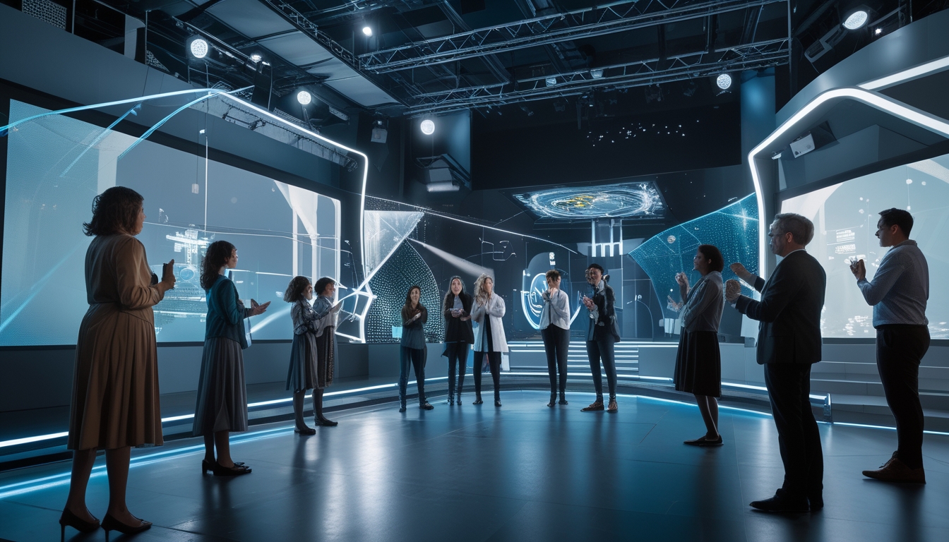Sekelompok aktor dan penonton berinteraksi dengan teknologi holografik dan augmented reality di dalam teater modern.
