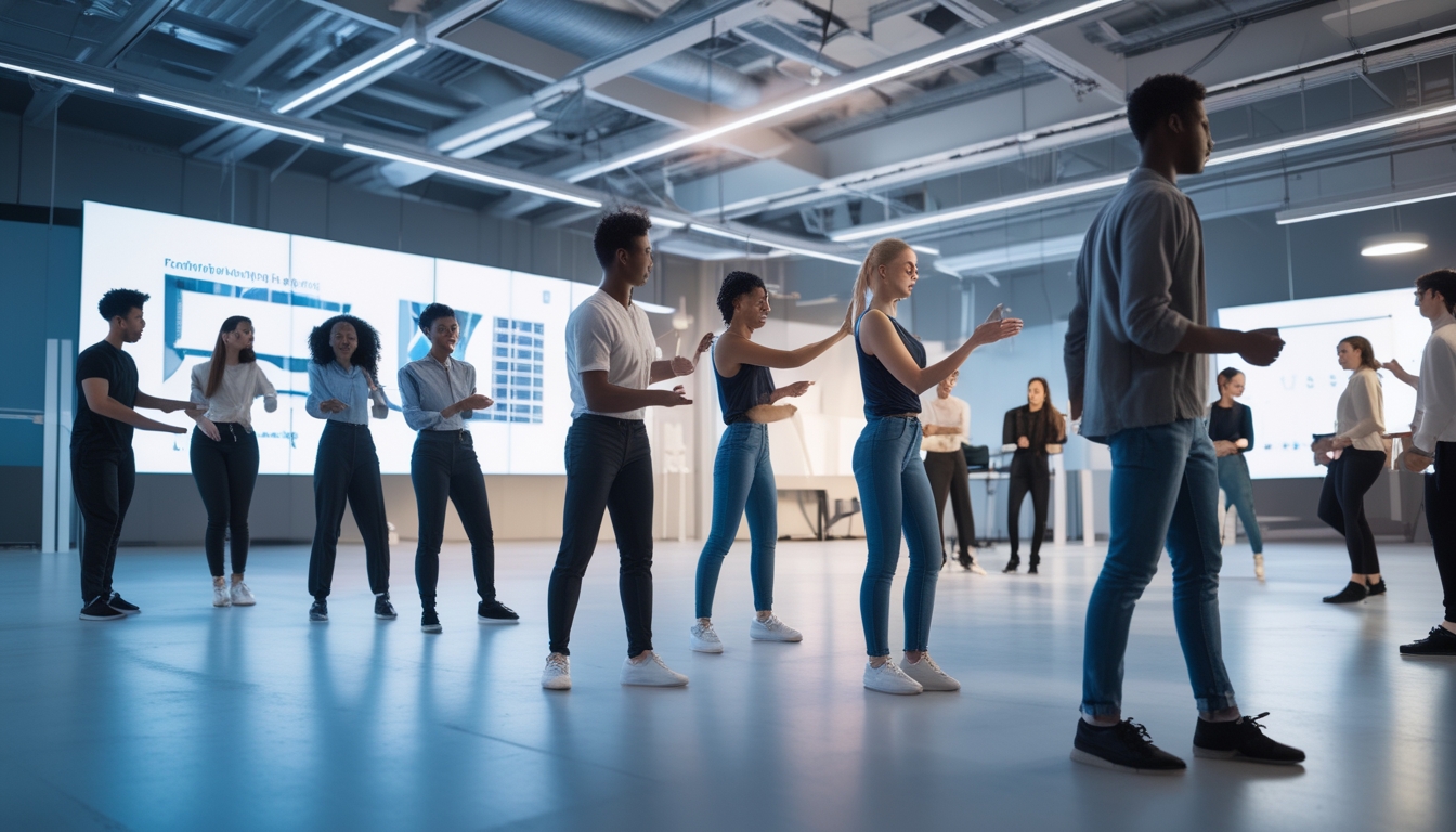 Sejumlah profesional muda sedang beraktivitas di studio seni pertunjukan dengan peralatan modern dan suasana kolaboratif.