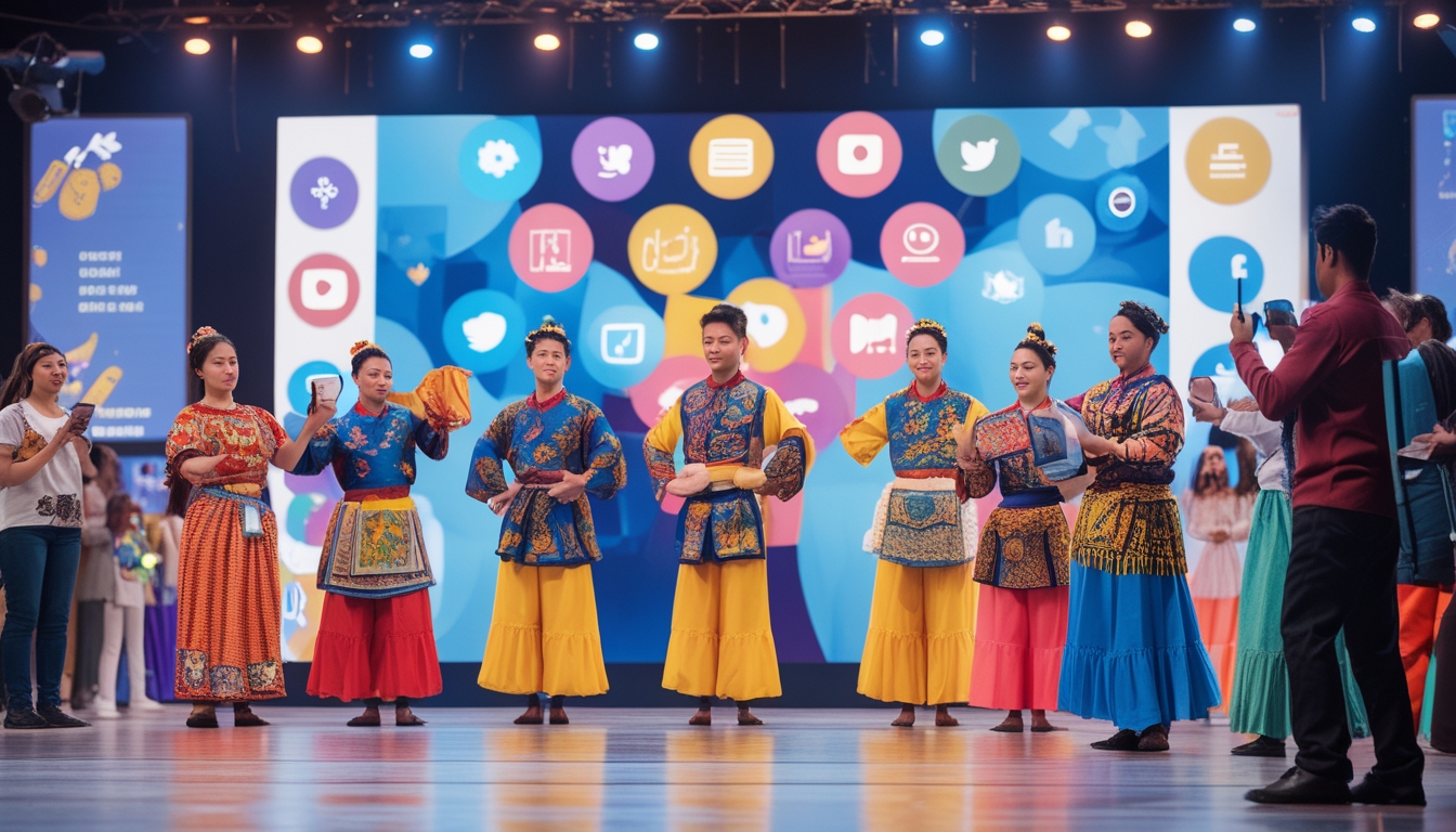 Sekelompok penari lokal berbusana tradisional tampil di panggung modern dengan layar digital dan orang-orang menggunakan ponsel untuk merekam dan membagikan konten.