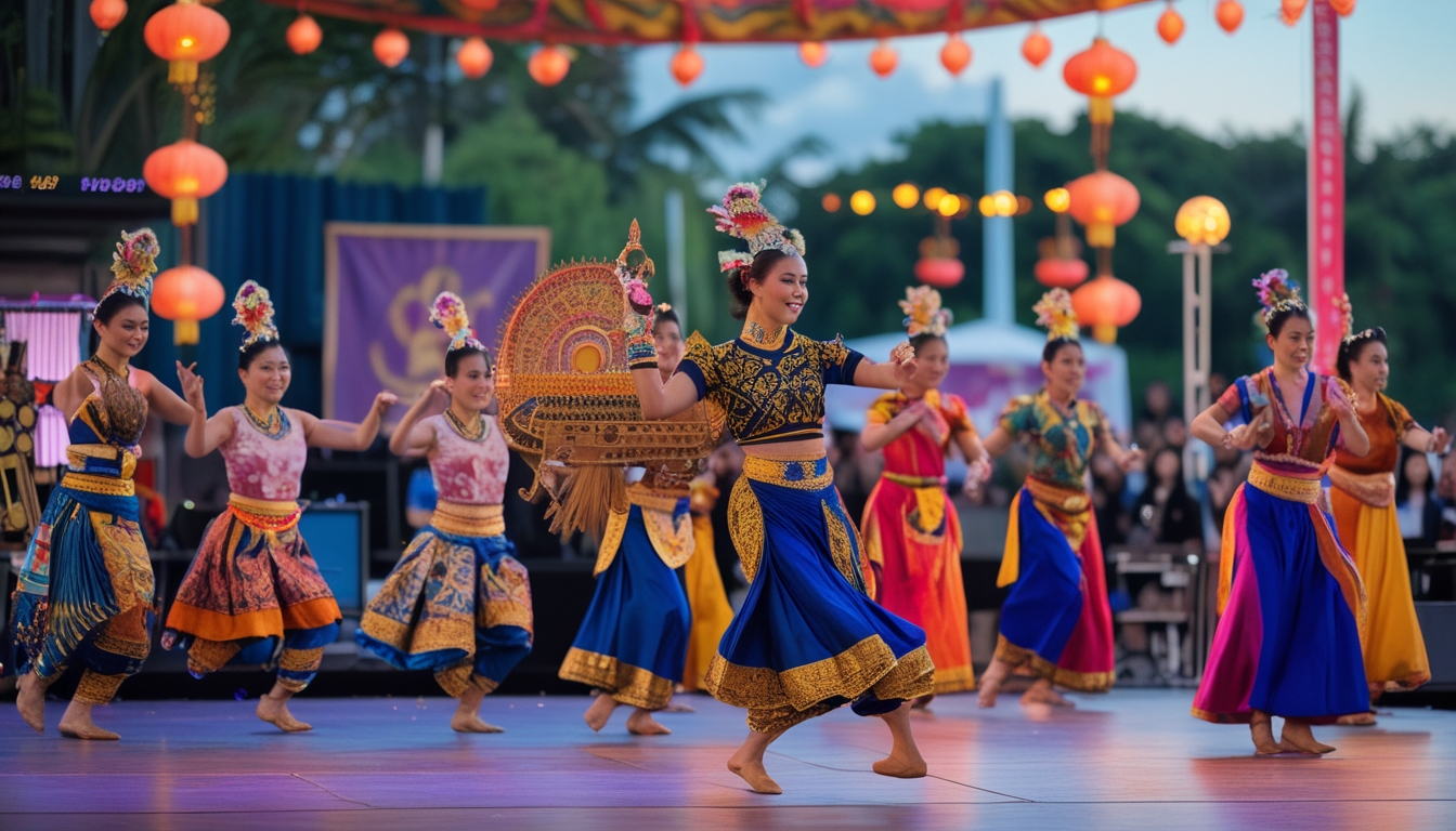 Sekelompok penari dan musisi mengenakan kostum tradisional tampil di panggung festival seni di luar ruangan dengan penonton dan dekorasi budaya sekitar.