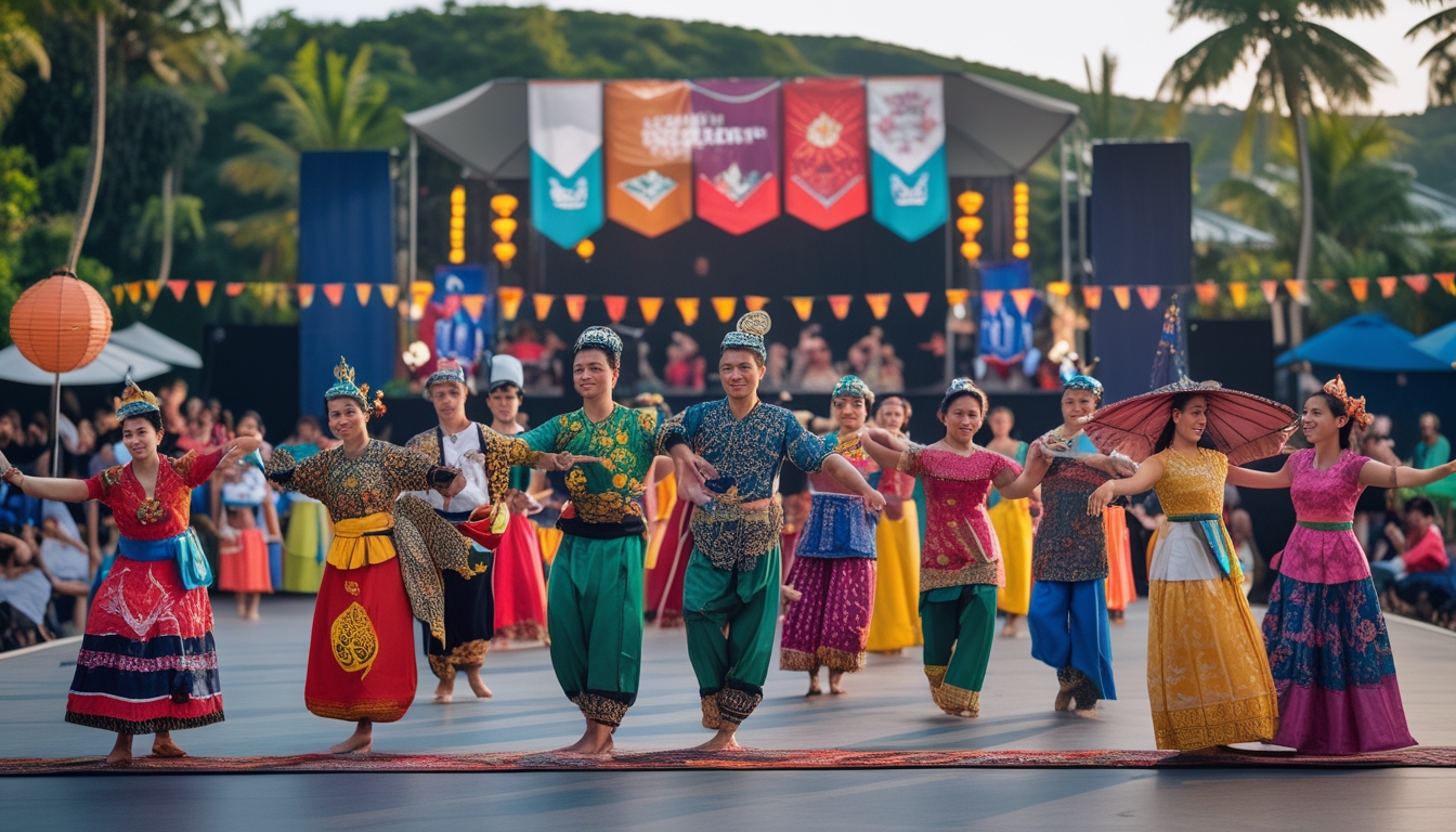 Pertunjukan seni tradisional di luar ruangan dengan penari mengenakan kostum warna-warni dan penonton yang menikmati festival di tengah suasana meriah.