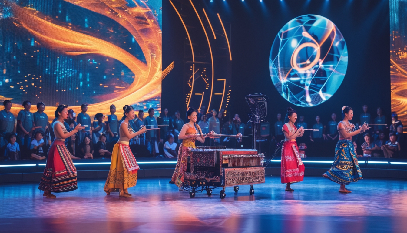 Kelompok penari dan musisi Indonesia tampil di panggung modern dengan kostum tradisional dan alat musik tradisional, di depan penonton internasional.
