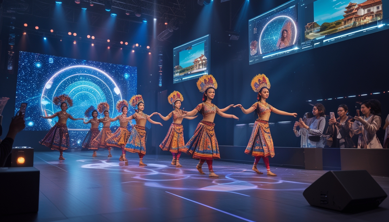 Pertunjukan seni di panggung dengan penari tradisional Indonesia dan proyeksi digital futuristik, di hadapan penonton yang antusias.
