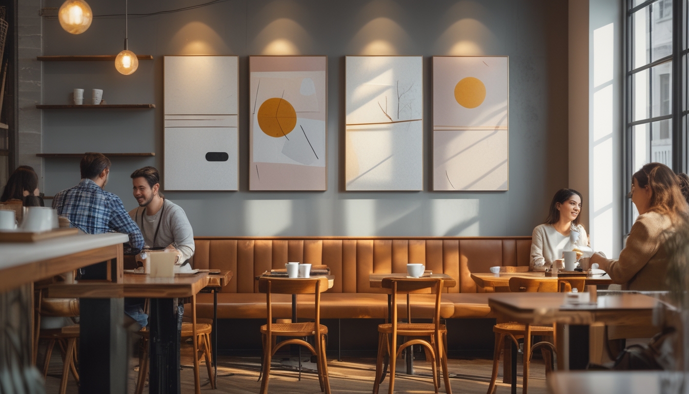 Interior kafe modern dengan lukisan kanvas estetis di dinding dan pelanggan menikmati kopi di meja kayu.