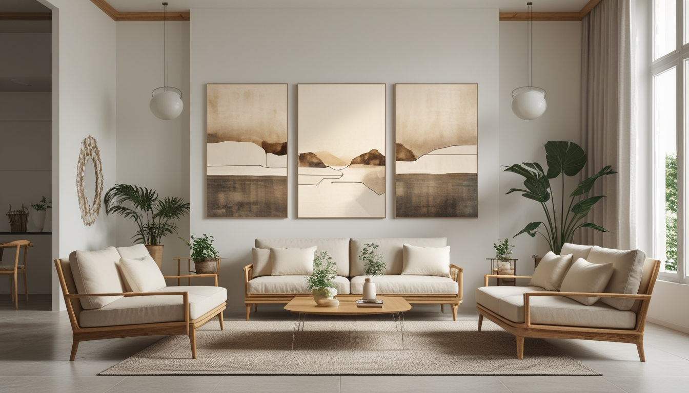 Ruang tamu modern dengan lukisan dinding, sofa kayu, tanaman hias, dan pencahayaan alami.