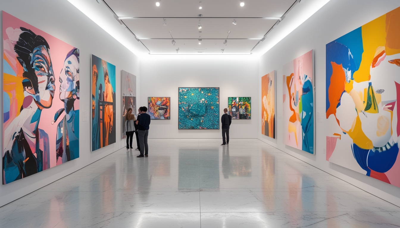 Interior galeri seni dengan beberapa lukisan kontemporer yang dipajang dan pengunjung yang sedang melihat karya seni.