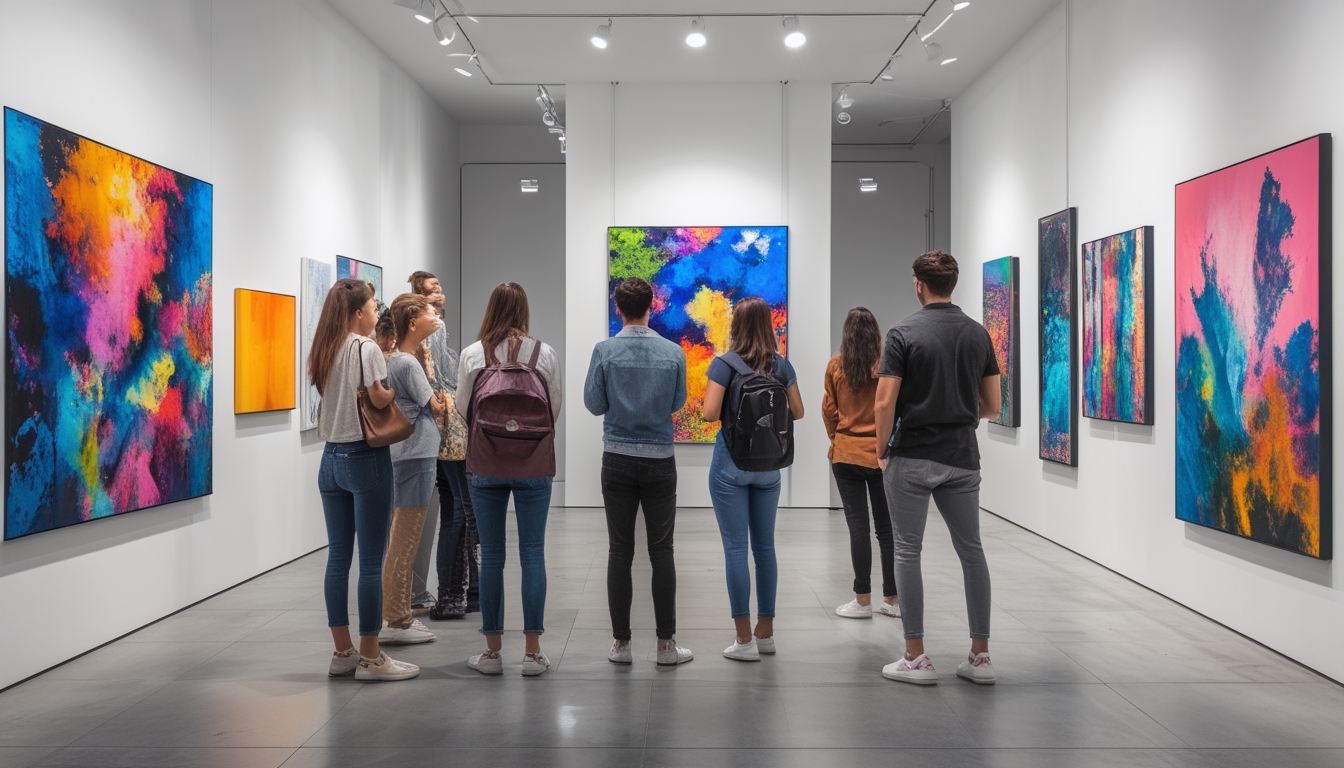 Interior galeri seni dengan pengunjung yang melihat lukisan berwarna-warni di dinding.
