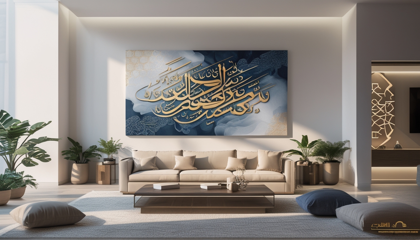 Ruang interior Islami dengan lukisan kaligrafi besar di dinding dan dekorasi sederhana yang elegan.