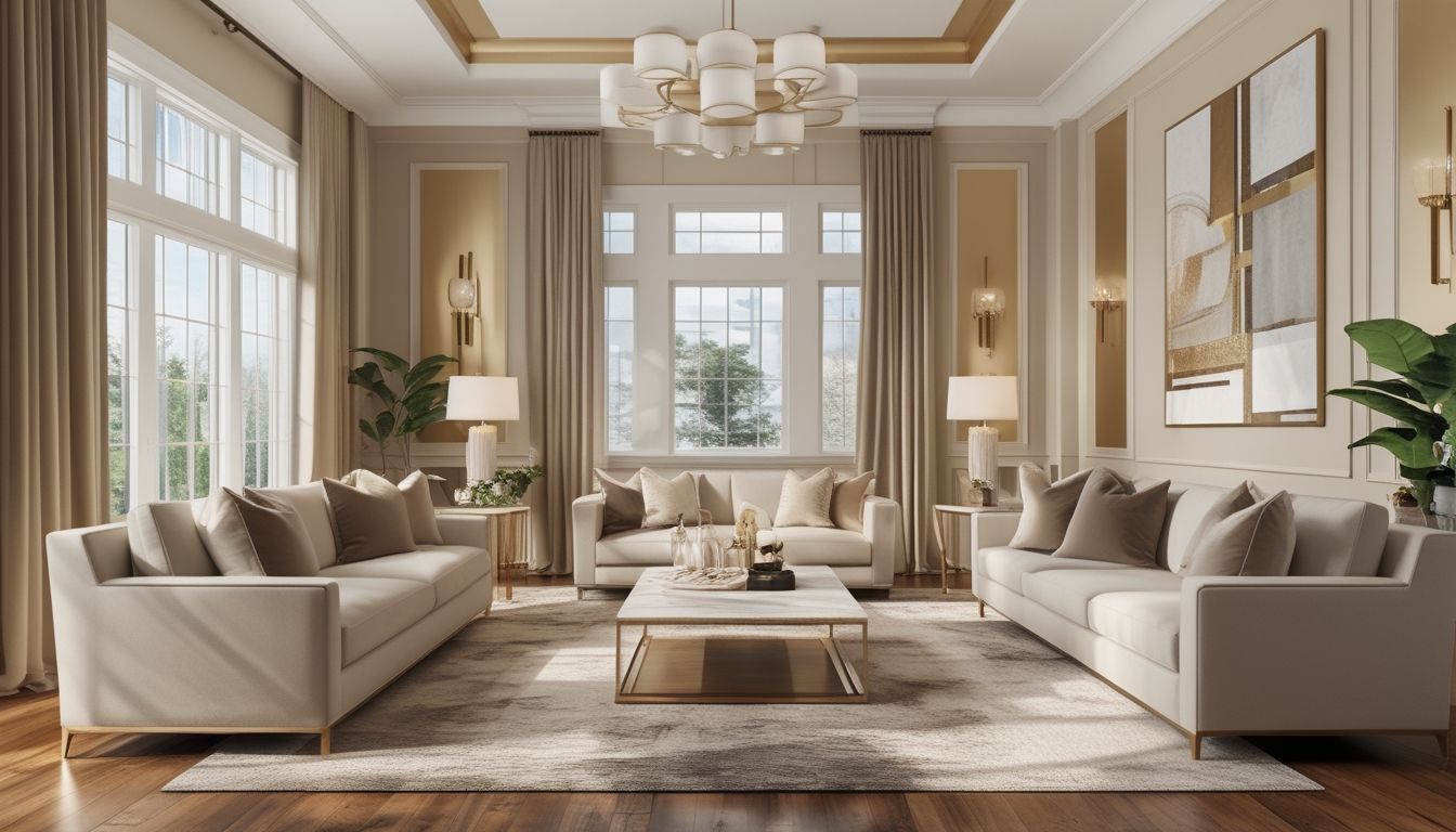 Ruang tamu mewah dengan warna cat dinding hangat dan furnitur modern yang elegan.